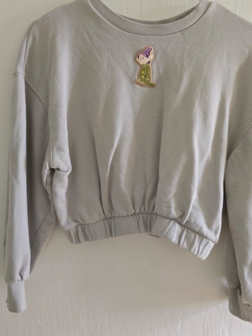 Disney Zara Light Gray Cropped Sweatshirt with Embroidered Dopey Patch